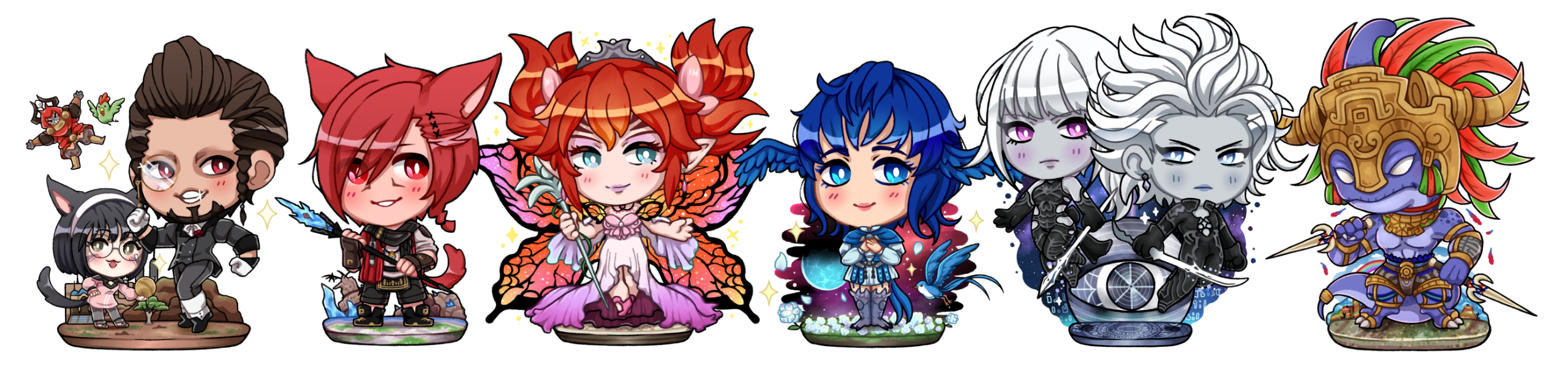 Keychains - Final Fantasy XIV; Hildibrand, G&#39;raha Tia, Feo Ul, Meteion, Omega F &amp; M, Zoraal Ja